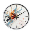 Modern artistic wall clock with abstract paint splatter design in a minimalist setting, cut out