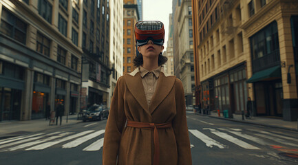 Sticker - a woman standing in an empty city street in an vr headset, in the style of the new york school