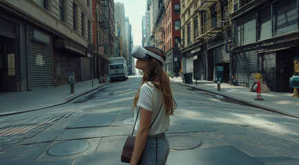 Sticker - a woman standing in an empty city street in an vr headset, in new york