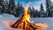 beautiful landscape with bonfire flames burning fire red on the background of snowy winter nature forest outdoor concept suitable for hiking and camping
