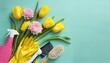 flat lay composition with cleaning supplies tools and spring flowers on colorful background