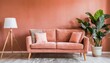 peach fuzz trendy color of 2024 year concept living room with sofa and green plant