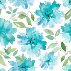  Seamless Capri Blue Watercolor Floral Pattern on White Background.