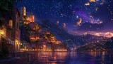 Fototapeta Konie - Vibrant night scene of a whimsical village with illuminated windows, set under a starry sky and a large moon, reflecting on water. Ideal for fantasy and storybook themes.