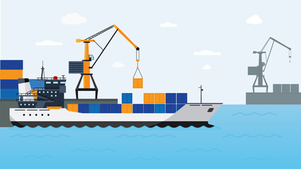 Wall Mural - Flat cargo ship in docks. Harbor crane of shipping port loading containers to marine ocean freight vessel boat, worldwide marine industry water transport truck in sea port vector illustration