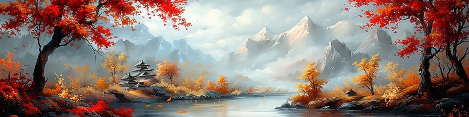  Panoramic Painting of Majestic Mountains with Autumn Trees and Reflective Lake Creating a Peaceful Scene