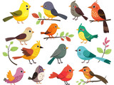 Fototapeta Pokój dzieciecy - Assortment of colorful, stylized birds, perfect for use in educational materials, graphic designs, and children's books.