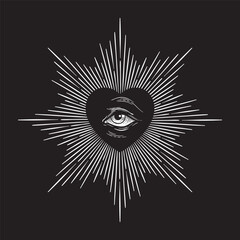 Poster - All seeing eye of God in sacred heart with rays of light sunburst hand drawn isolated vector illustration. Black work, flash tattoo or print design