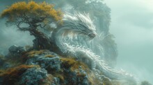  A White Dragon Sitting On Top Of A Tree Next To A Rocky Hillside With A Tree Growing Out Of It's Trunk In Front Of A Foggy Sky.