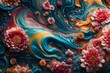 A breathtaking high-resolution image showcasing the dynamic fusion of colorful liquids on a clean background, adorned with tasteful flower patterns, creating a visually appealing illustration