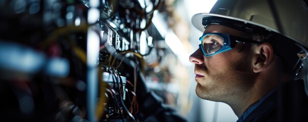 Wall Mural - Close up photograph of an electrician worker checking Electrical distribution during the afternoon .