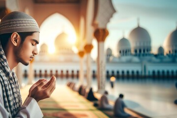 Wall Mural - young Muslim man praying in the mosque at dawn, concept of Muslim tradition and holidays.