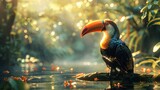 Fototapeta  - bird, wild, wildlife, forest, hornbill, nature, tropical, animal, couple, feather. hornbill with colorful feathered creatures in a rainforest. hornbill feathered with tropical plants in background.