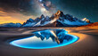 A dreamy night time landscape vista with scene of bright blue lake with reflection of snow capped mountains in the background. Desert sand in foreground and Milky Way star galaxy constellation in sky