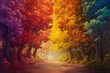 painting of a rainbow colored forest road