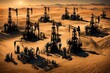 The interplay of light and shadows on a desert oil field, with pumps and wells in operation