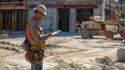 Wall Mural - Construction worker using a tablet computer on a high tech job site.