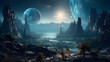  an image of an alien planet with a blue light in it