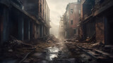 Fototapeta Uliczki -  an image of a destroyed city and ruins in the sky