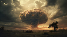  nuclear explosion against a background with clouds and lightning