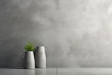 Two stylish gray ceramic jugs with a small green plant sit on a solid gray concrete table against a solid gray concrete wall background. Isolated on a gray background. Modern interior design.