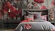 © Pushia Edics - Bedroom Scene with Bold Red Floral Highlight
