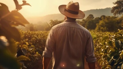 Aufkleber - A man in a hat walking through a field. Suitable for outdoor and nature themes.