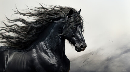 Naklejka na meble Majestic Black Stallion with Flowing Mane, created with Generative AI technology