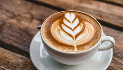 hot coffee latte cappuccino spiral foam on wooden table background