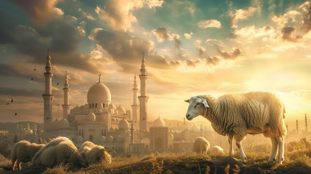 Eid ul adha backgrounds, sheep with beautiful mosque view, lanterns and celebrations, Islamic backgrounds.