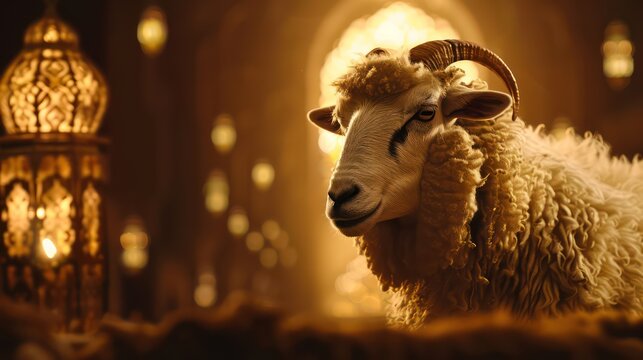 Eid ul adha backgrounds, sheep with beautiful mosque view, lanterns and celebrations, Islamic backgrounds.