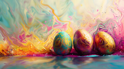 Wall Mural - colorful marbled easter eggs on abstract background. happy easter. colorful easter eggs background w