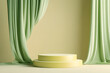 © MirRaisul - 3d display podium light green background with flying silk cloth curtain