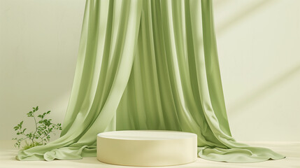 Wall Mural - 3d display podium light green background with flying silk cloth curtain 