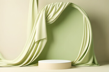 Wall Mural - 3d display podium light green background with flying silk cloth curtain 
