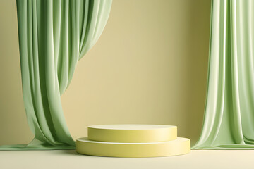 Wall Mural - 3d display podium light green background with flying silk cloth curtain 