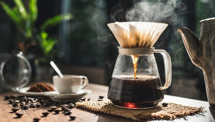 drip coffee black coffee brewed in low light in the house