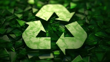 Poster - Green recycling sign surrounded by broken glass. Suitable for environmental awareness concepts.