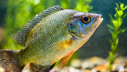 closeup of a bluegill inside an aquarium