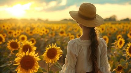 Wall Mural - young woman in sunflower field in summer day