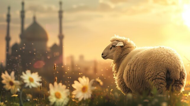 Eid ul-Adha with sacrificial animal, Eid ul Adha backgrounds with mosque and moon.