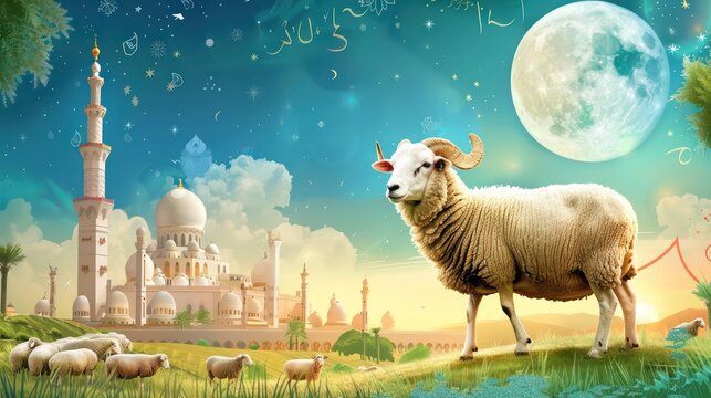 Eid ul-Adha with sacrificial animal, Eid ul Adha backgrounds with mosque and moon.