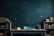 Vintage workplace featuring elegant wooden bookshelves, a spacious desk, and a serene starlit night sky mural, creating a tranquil and inspiring home office environment