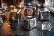 Stainless steel ice cubes on a dark surface alongside whiskey for chill and luxury beverage experience