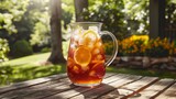 Fototapeta Uliczki - Glass pitcher of homemade lemon iced tea on an outdoor wooden table