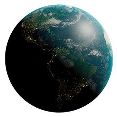earth seen from space partially lit with night lights. view of the south america and part of north a