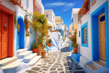 Fototapeta Fototapeta uliczki - Historical narrow streets of Santorini island, Greece. Bright color, sunny day, blue sky and beautiful city landscape, tourism concept