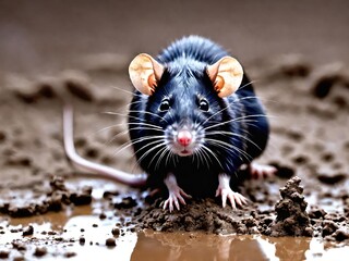 sleek black rat with bright eyes, standing on muddy ground. Captures the rodent’s natural detail in its environment. Generative AI.