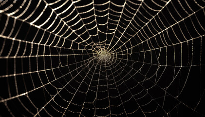  A symmetrical and delicate orb spider web with water droplets glistening in the early morning light