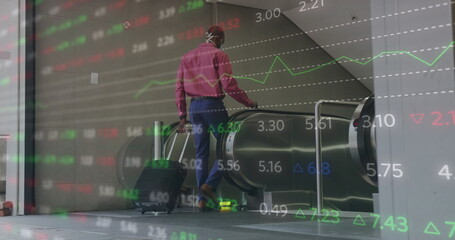 Poster - Image of financial data processing over african american man in face mask using escalator